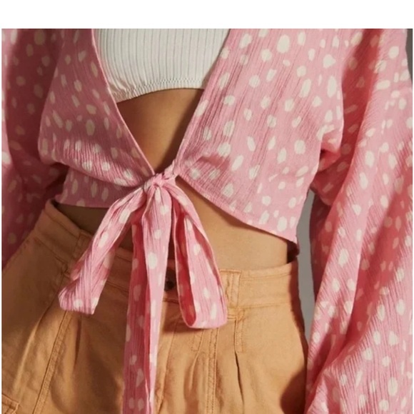 Anthropologie Pink and White Polkadot Tie Front Kimono NWT - Picture 3 of 12
